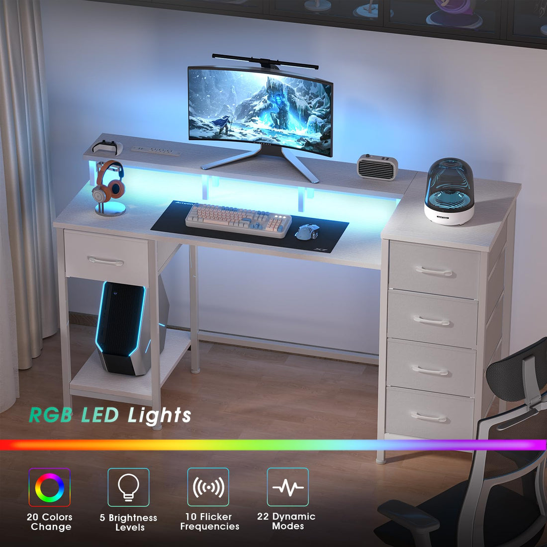 47" Gaming Desk with LED & Power Outlets, Black