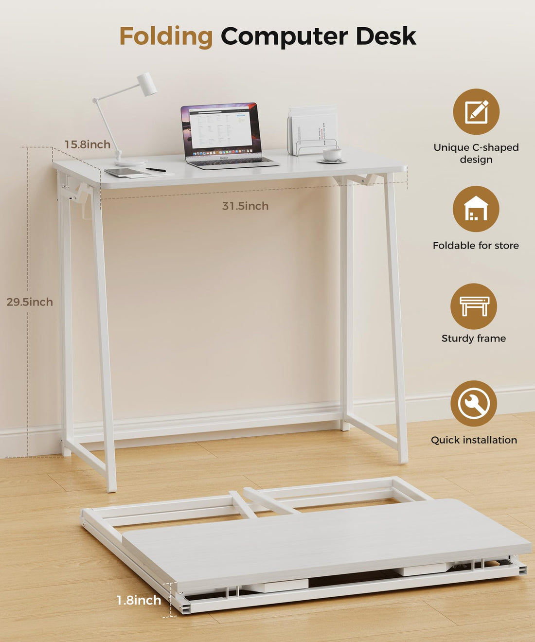31.5" Small Folding Computer Desk, Rustic