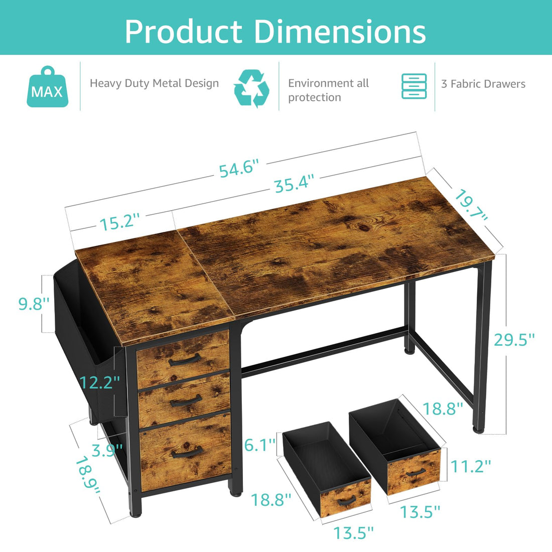 Lufeiya 47" Desk with Fabric Drawers, Rustic Brown