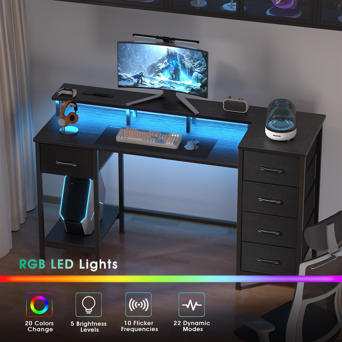 47" Gaming Desk with LED & Power Outlets, Black
