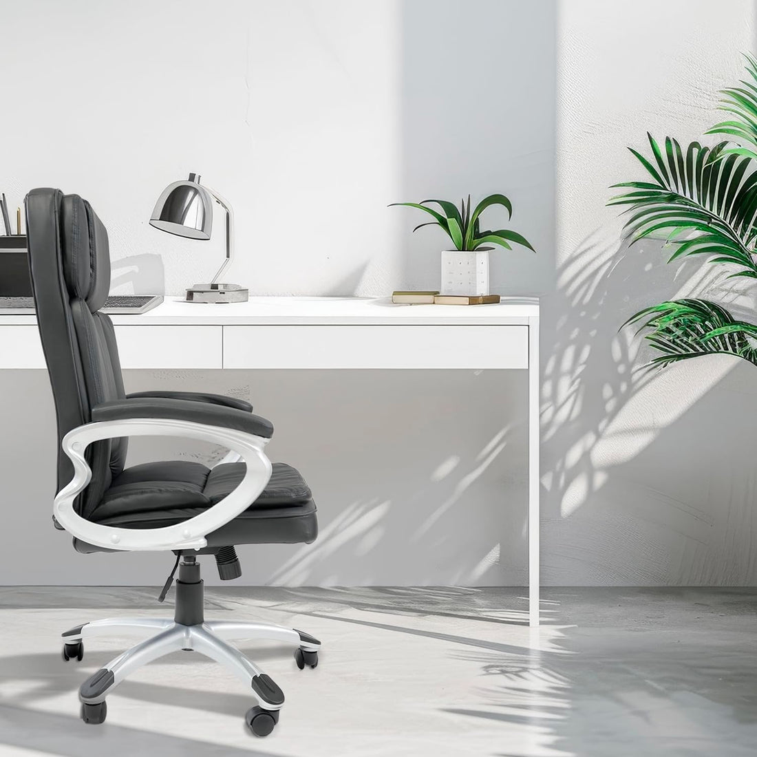 Black Leather Ergonomic Swivel Office Chair with Armrests