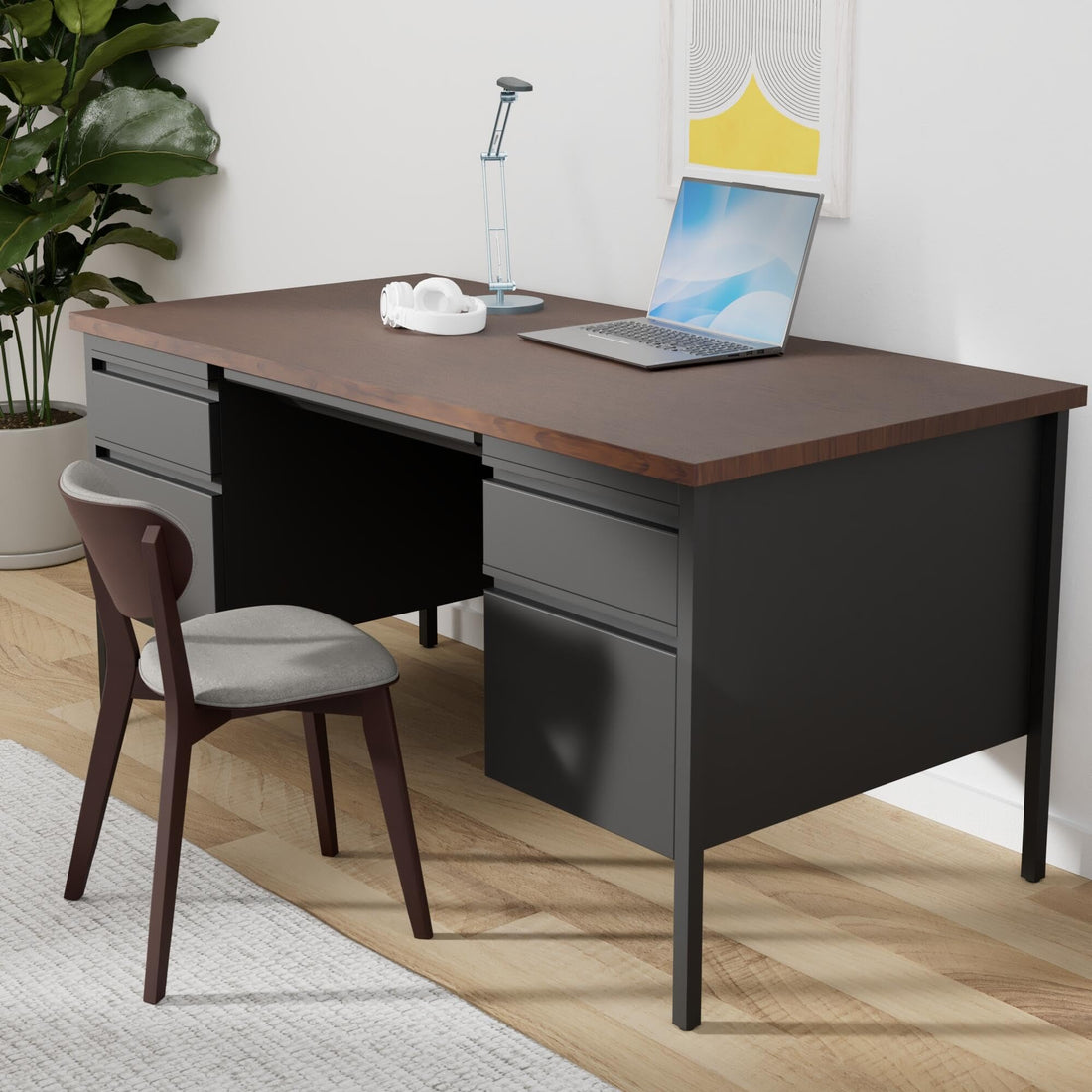 Lorell Fortress 60" Double Pedestal Desk, Walnut/Black