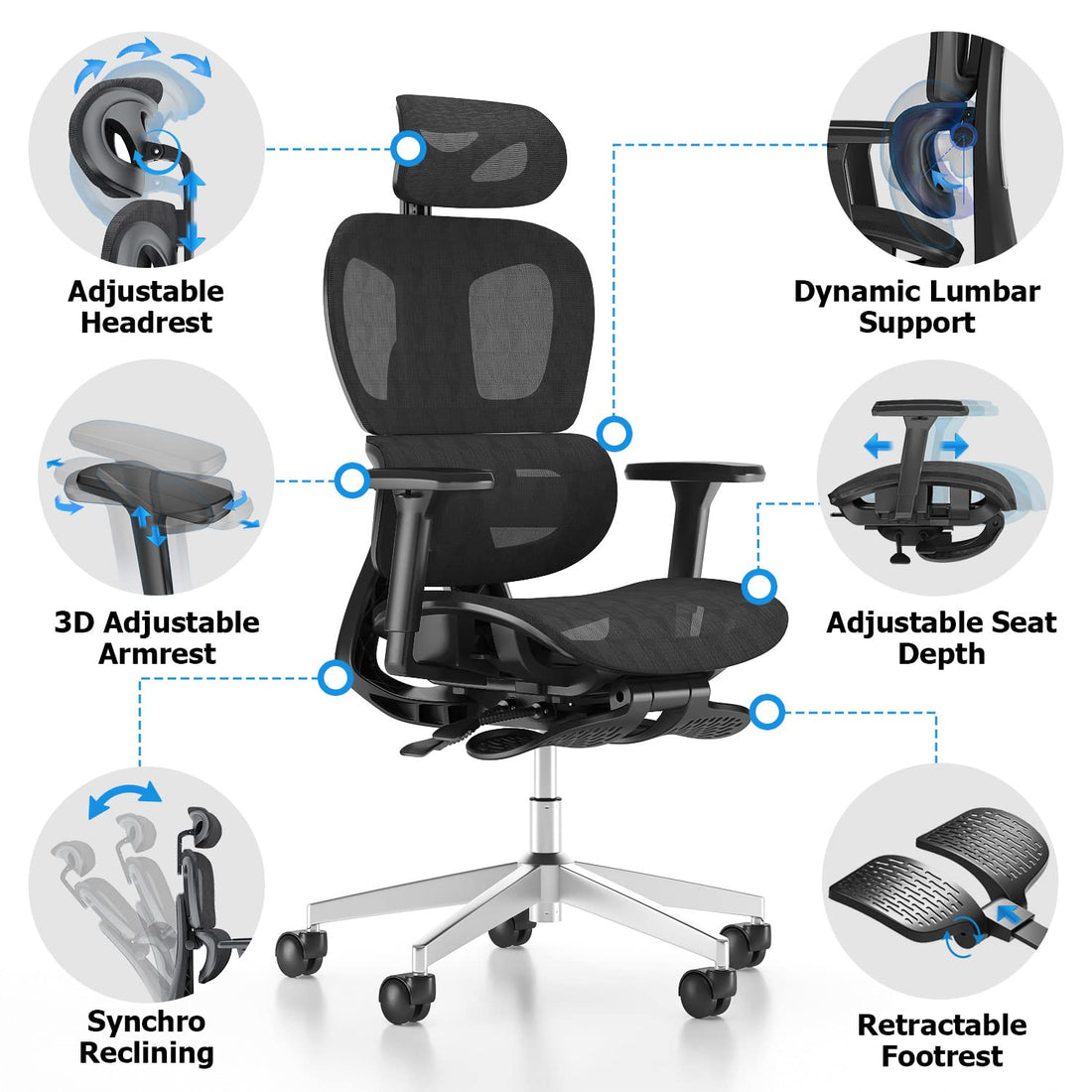 Ergonomic Mesh Office Chair with 3D Armrest, Black
