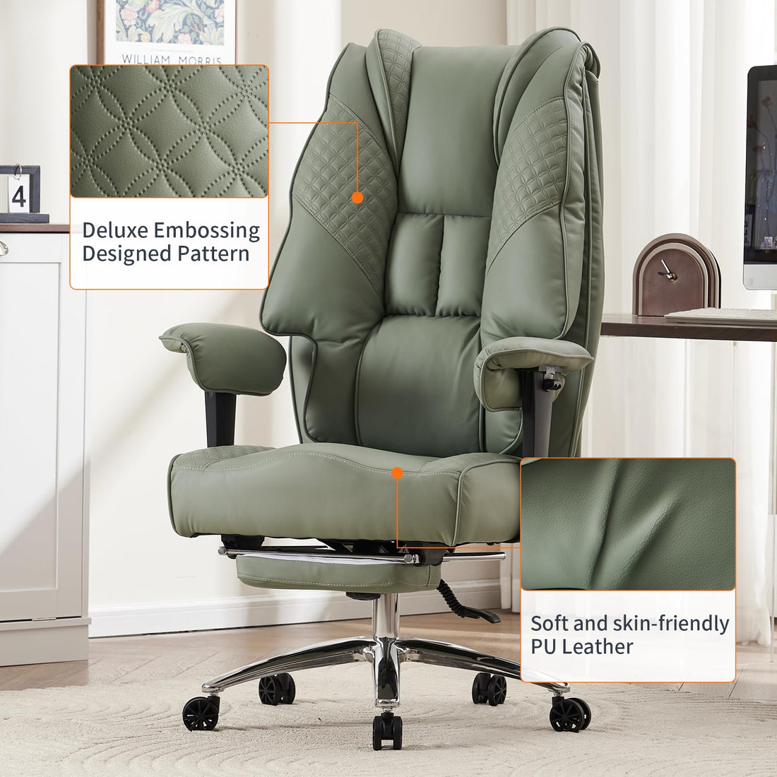 Big & Tall PU Leather Office Chair with Footrest, Brown