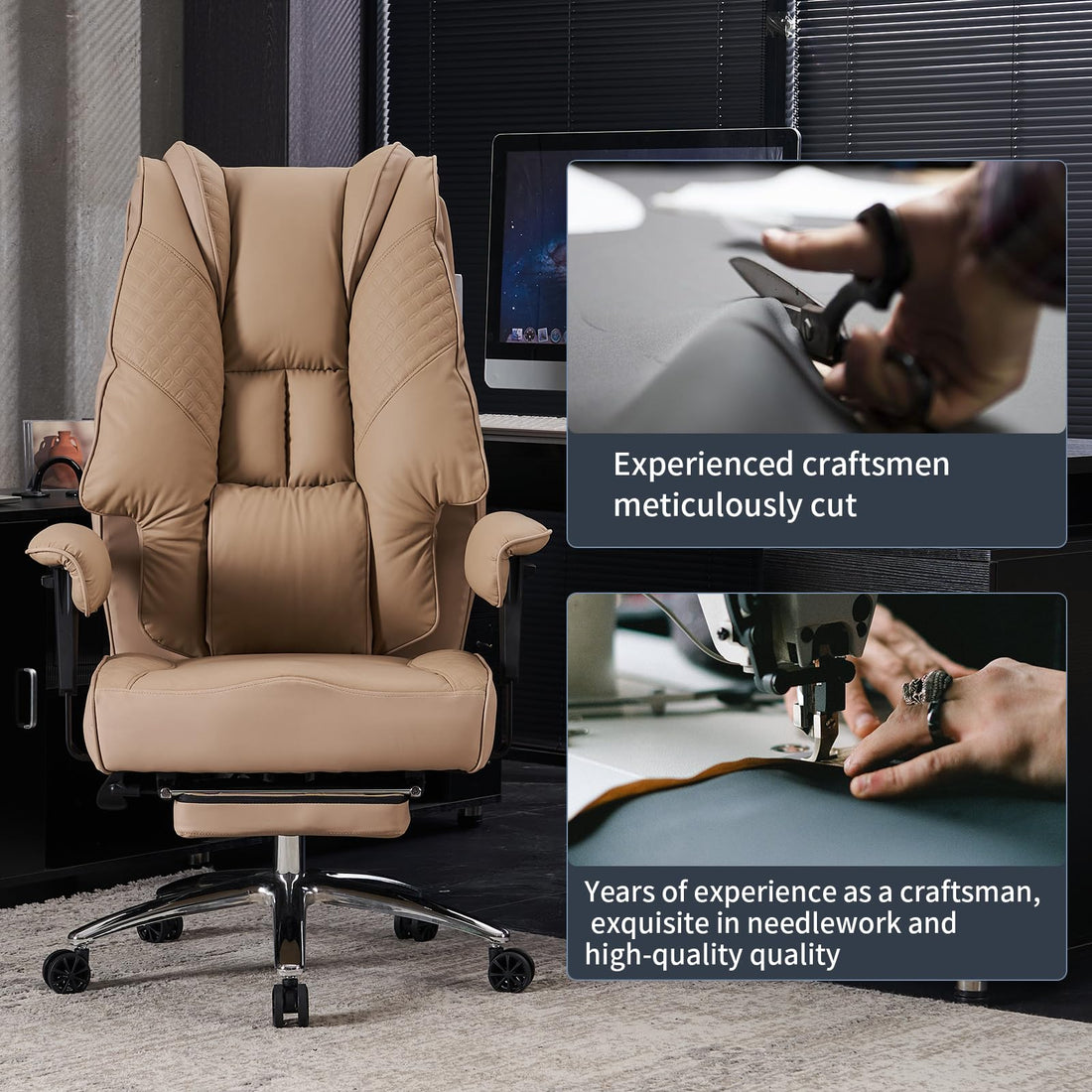 Big & Tall PU Leather Office Chair with Footrest, Brown