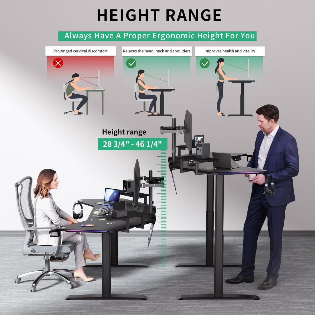 JWX 71" Dual Motor 4-Leg Standing Gaming Desk with LED