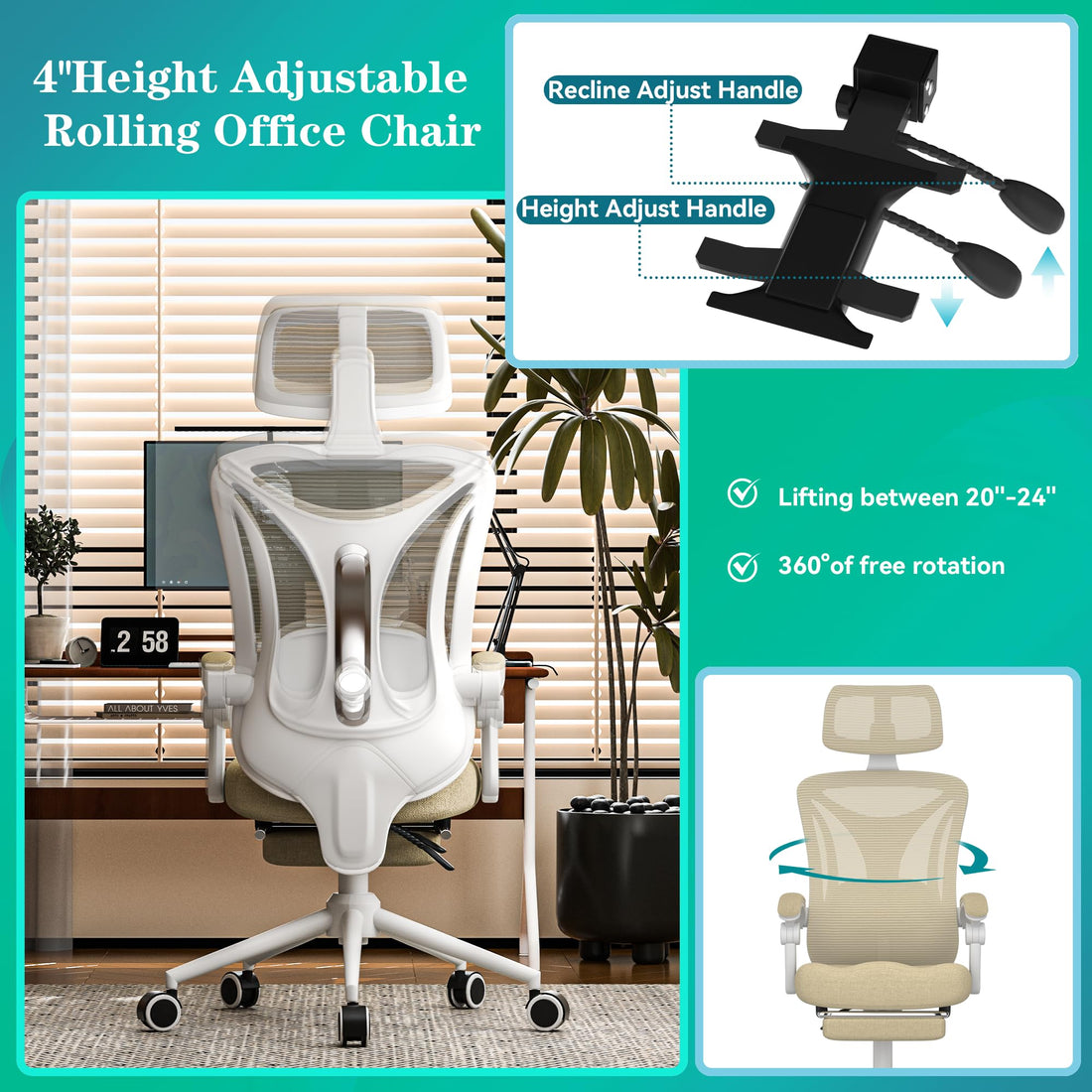 Ergonomic Office Chair with Footrest, Black & White