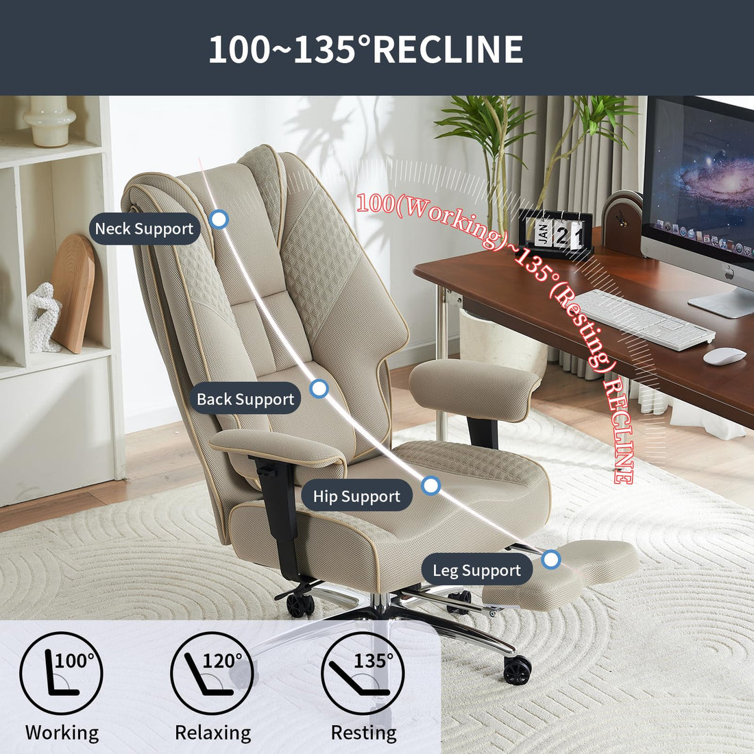 Big & Tall PU Leather Office Chair with Footrest, Brown