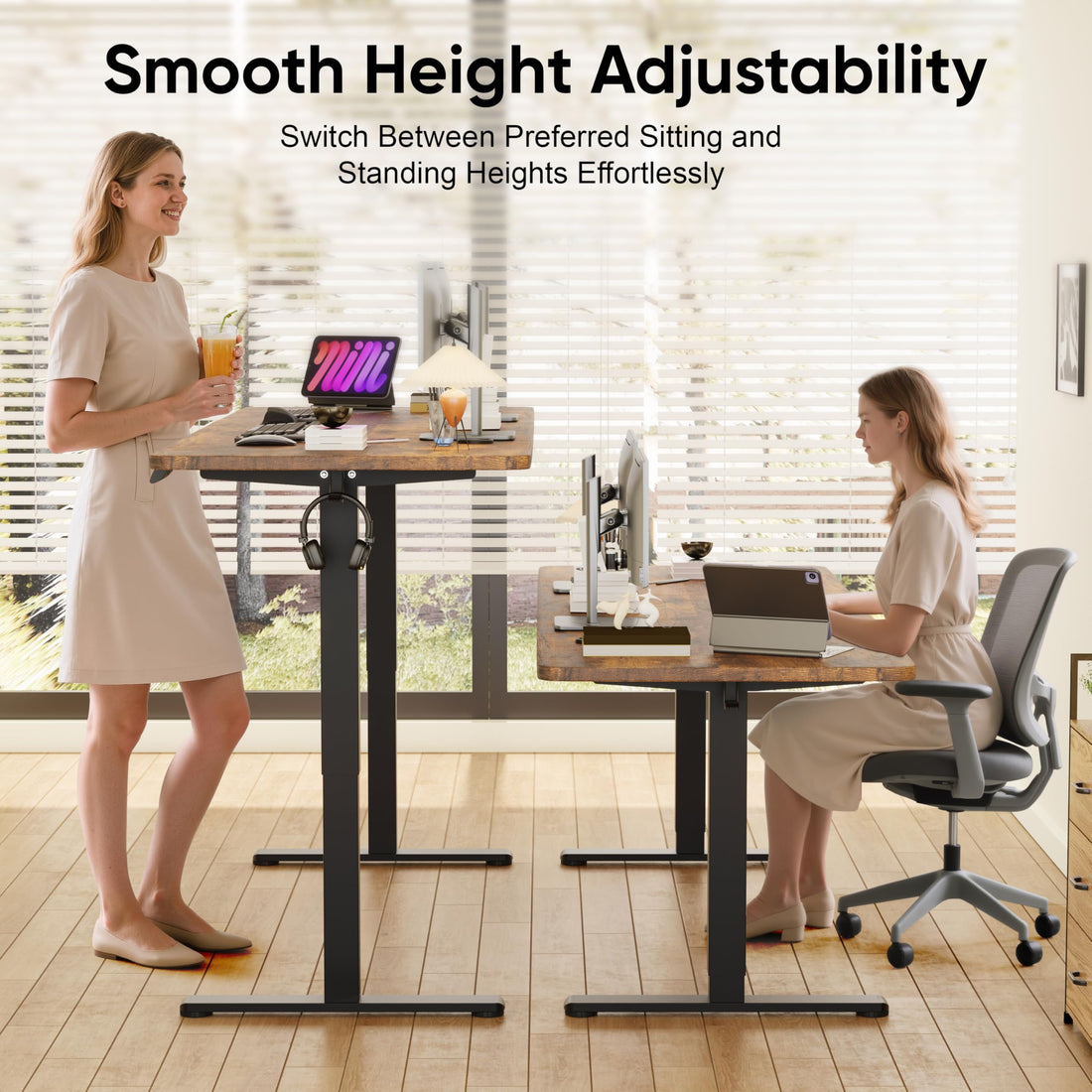 Monomi 63"x28" Electric Standing Desk, Rustic Brown/Black