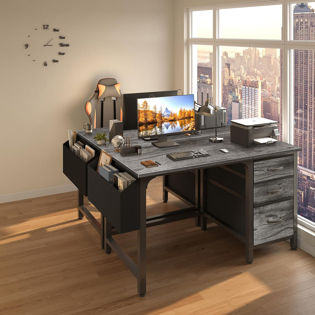 Lufeiya 47" Desk with Fabric Drawers, Rustic Brown