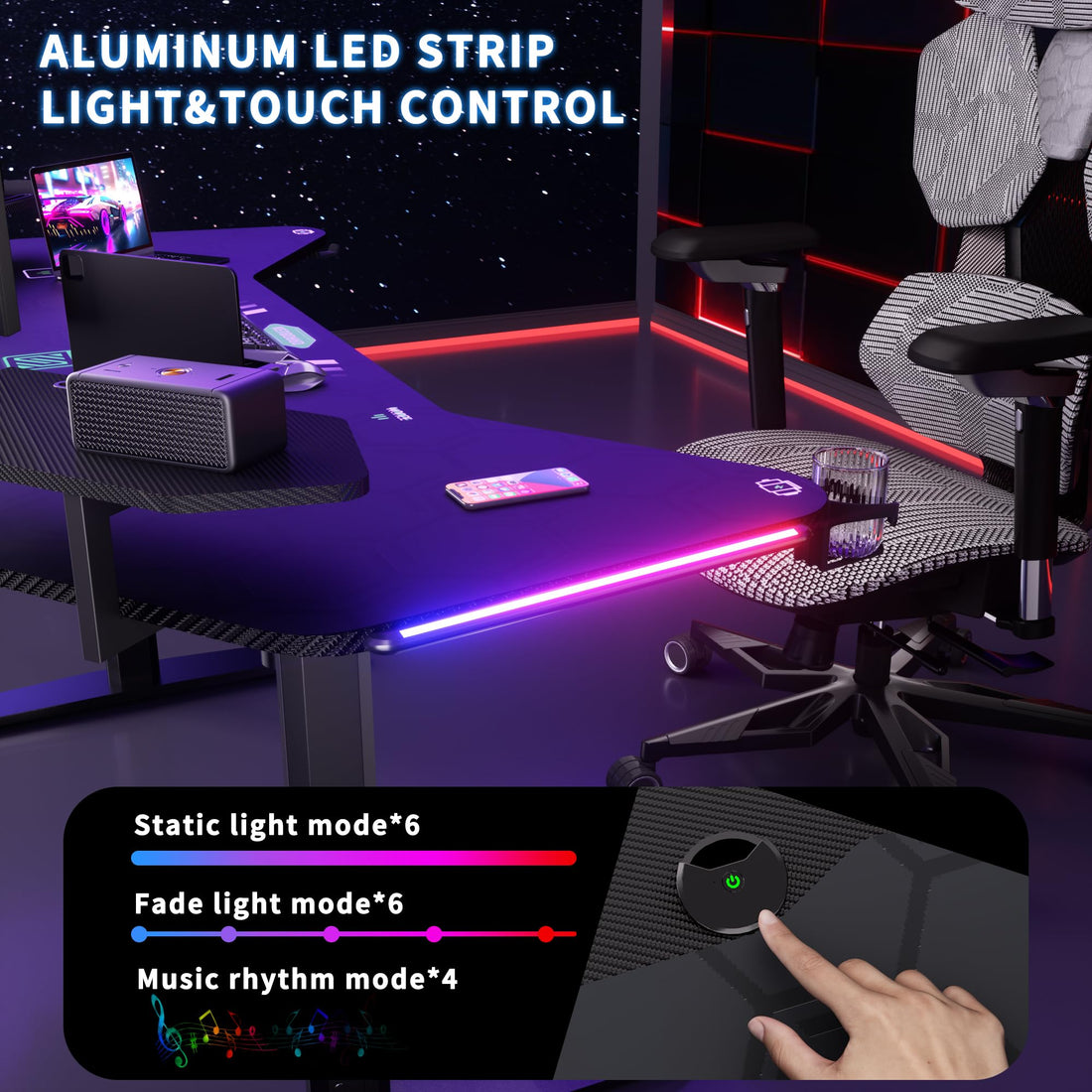 JWX 71" Dual Motor 4-Leg Standing Gaming Desk with LED