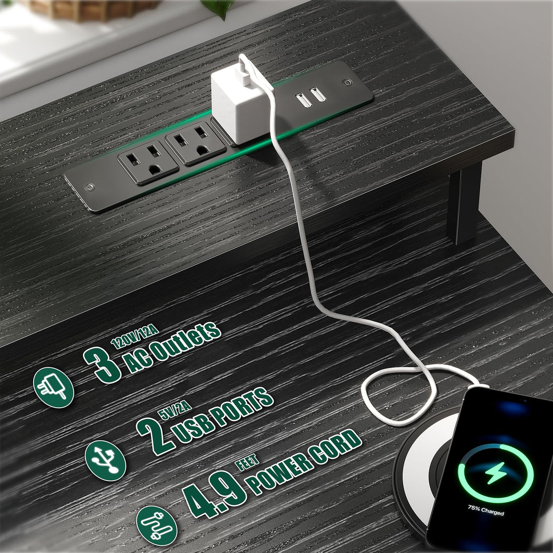 47" Gaming Desk with LED & Power Outlets, Black