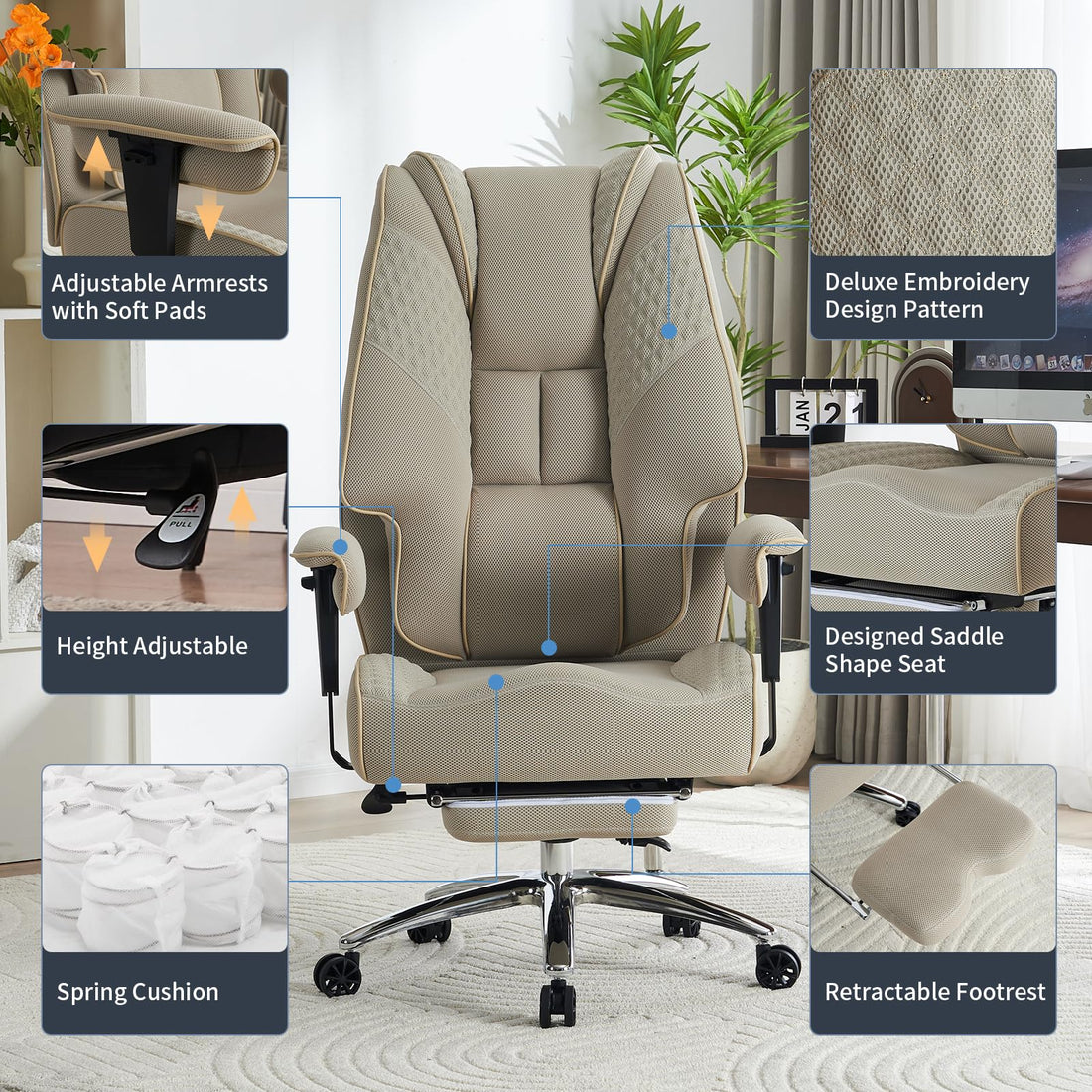 Big & Tall PU Leather Office Chair with Footrest, Brown