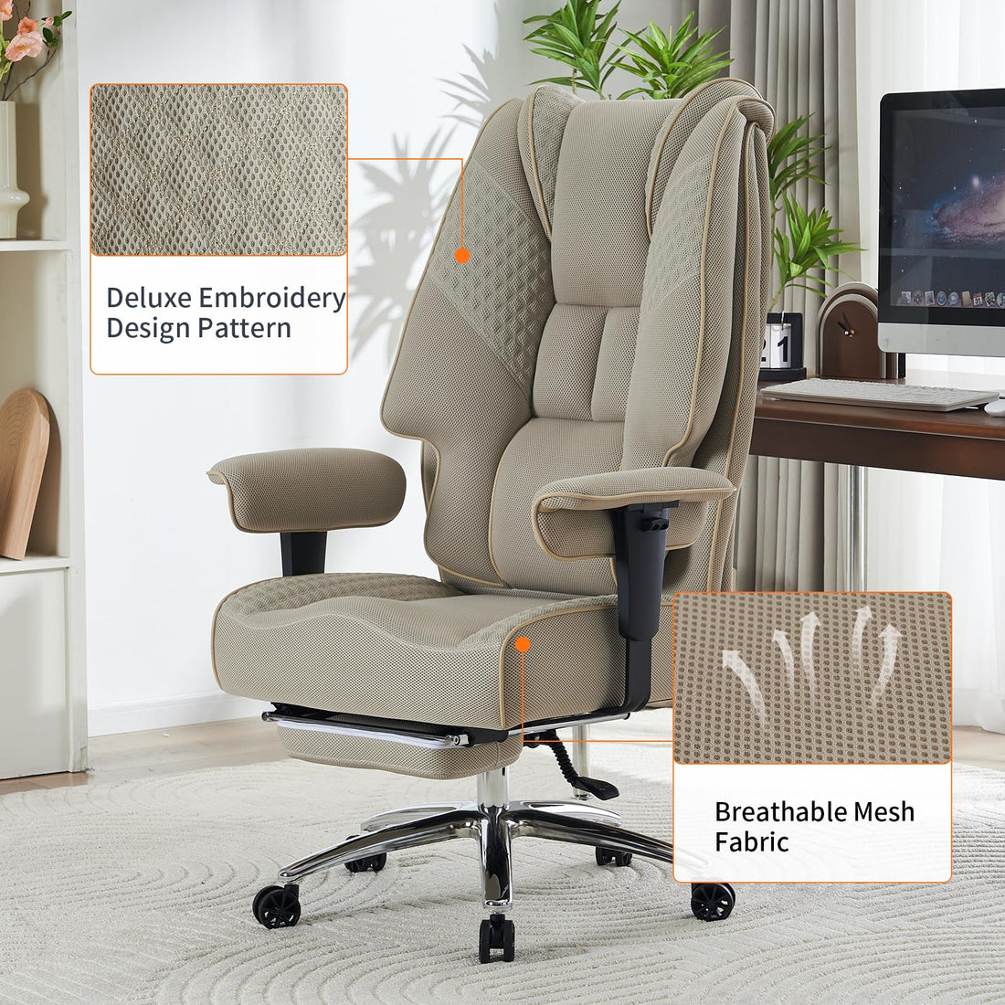 Big & Tall PU Leather Office Chair with Footrest, Brown