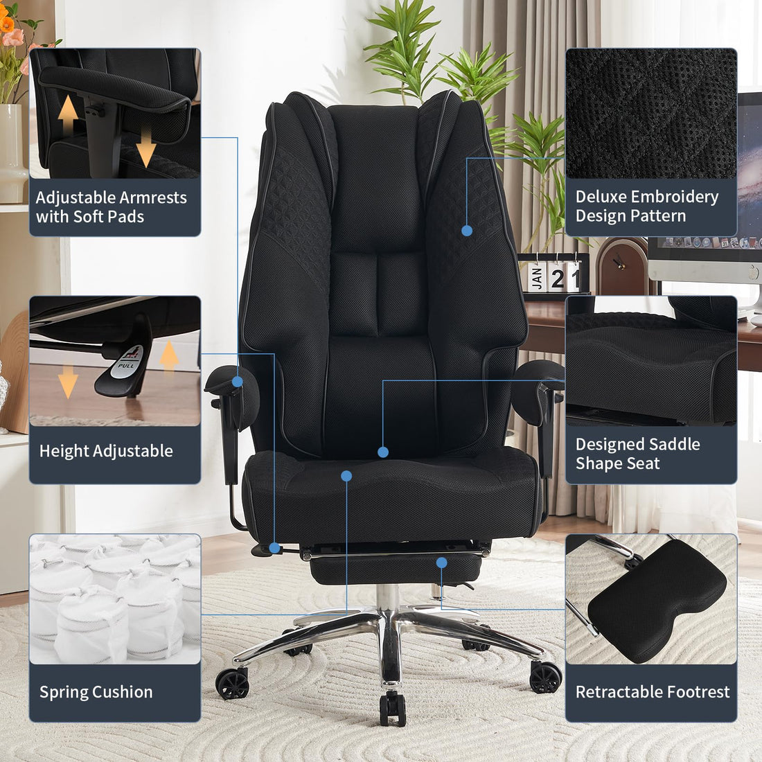Big & Tall PU Leather Office Chair with Footrest, Brown