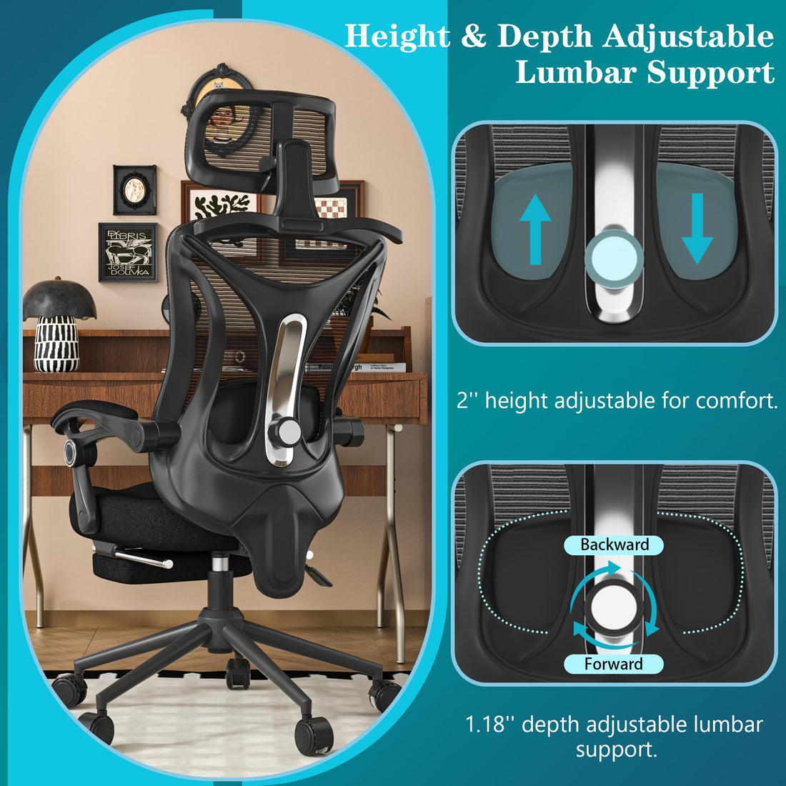 Ergonomic Office Chair with Footrest, Black & White