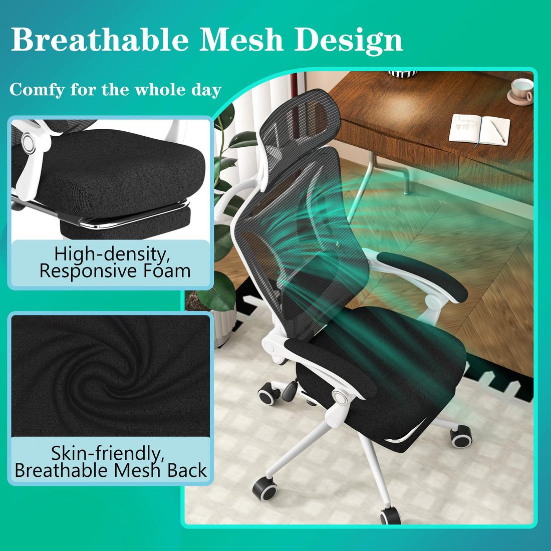 Ergonomic Office Chair with Footrest, Black & White