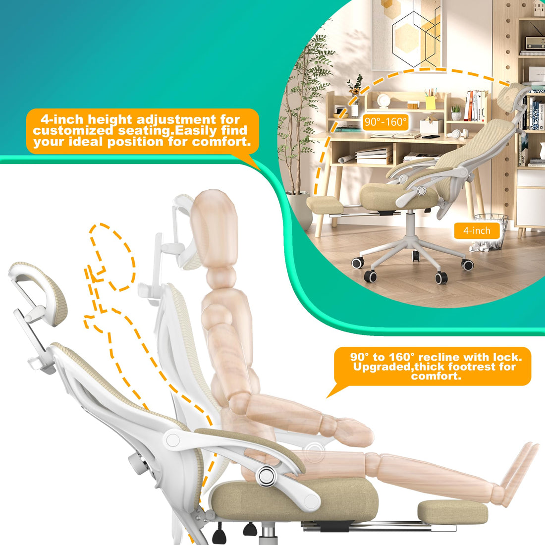 Ergonomic Office Chair with Footrest, Black & White