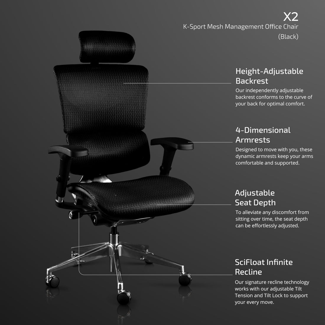 X-Chair X2 Ergonomic Task Chair, Black Mesh