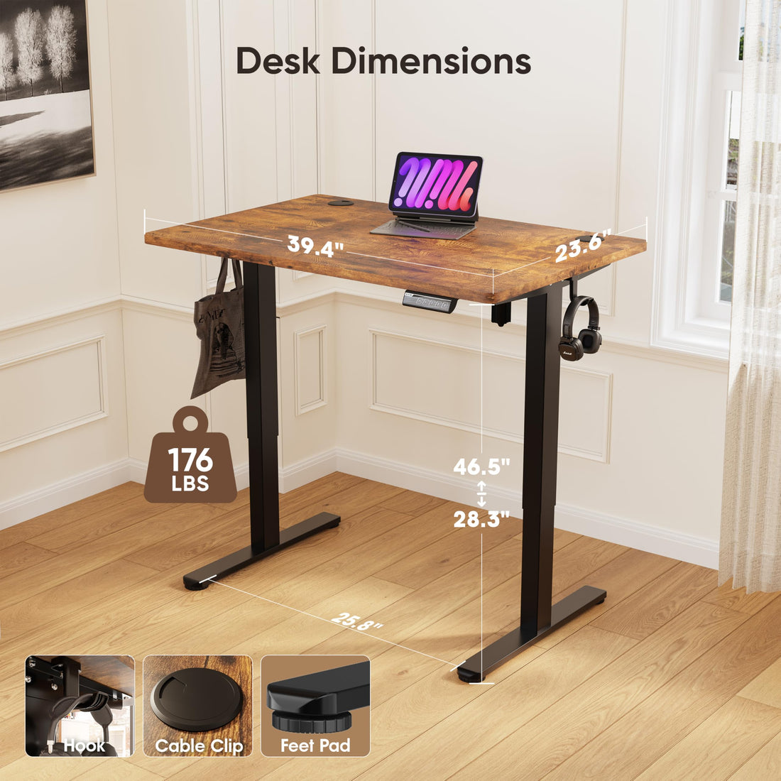 Monomi 63"x28" Electric Standing Desk, Rustic Brown/Black