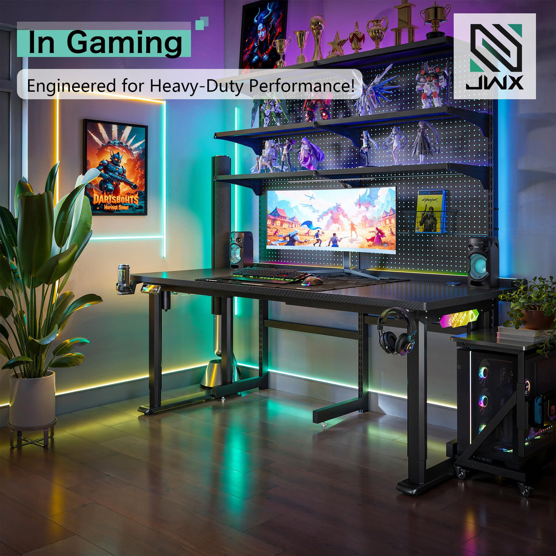 JWX 71" Dual Motor 4-Leg Standing Gaming Desk with LED