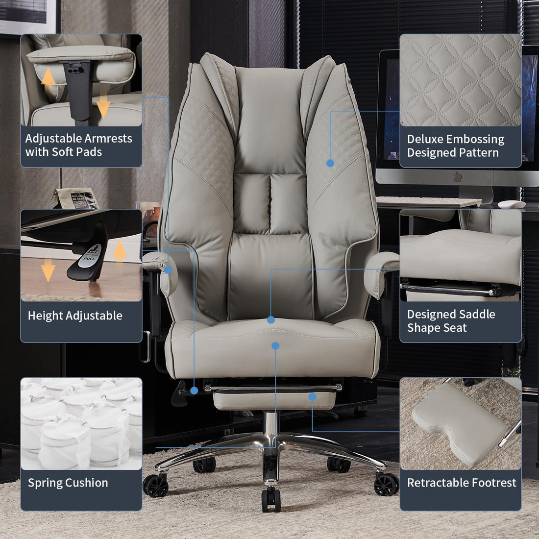 Big & Tall PU Leather Office Chair with Footrest, Brown