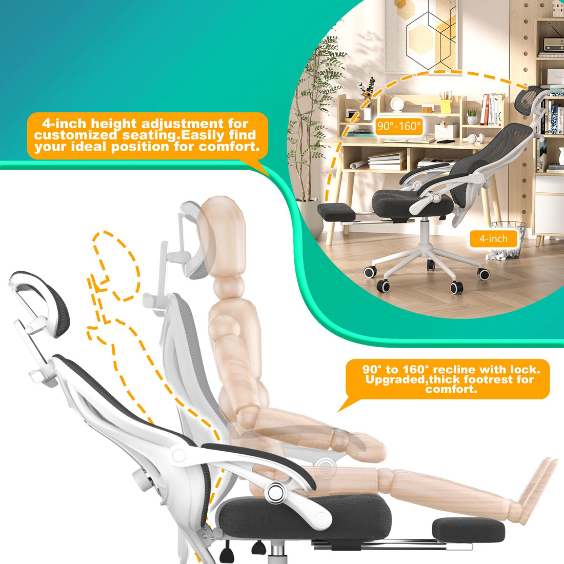 Ergonomic Office Chair with Footrest, Black & White
