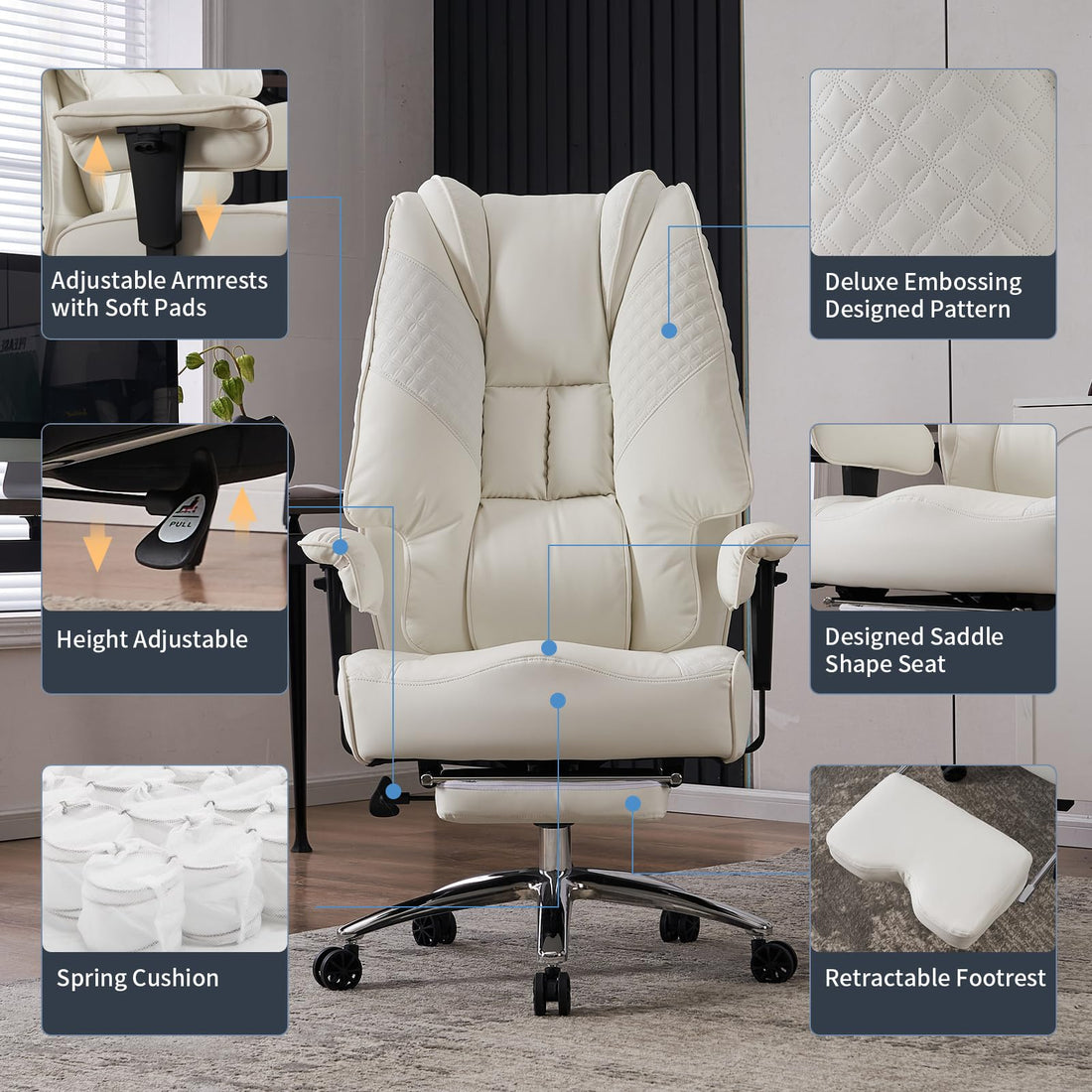 Big & Tall PU Leather Office Chair with Footrest, Brown