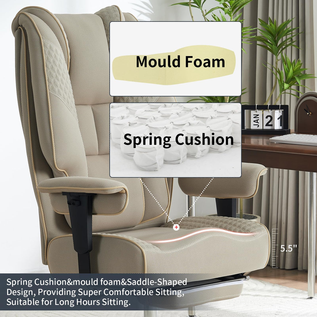 Big & Tall PU Leather Office Chair with Footrest, Brown