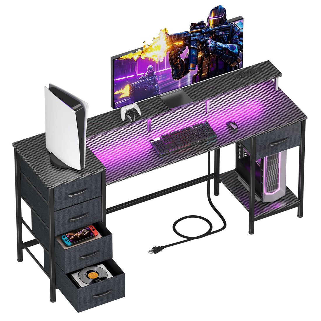 47" Gaming Desk with LED & Power Outlets, Black