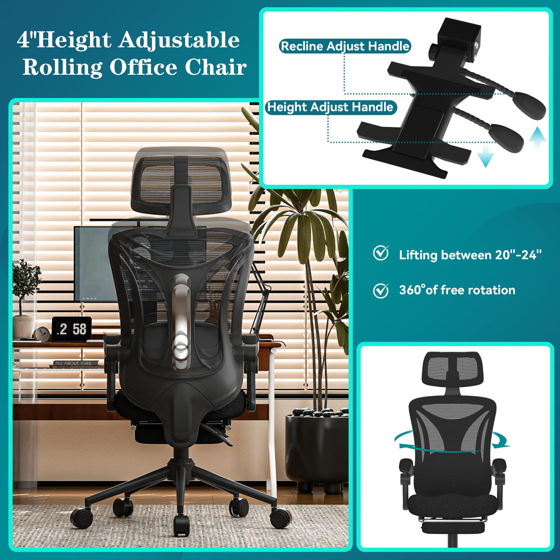 Ergonomic Office Chair with Footrest, Black & White