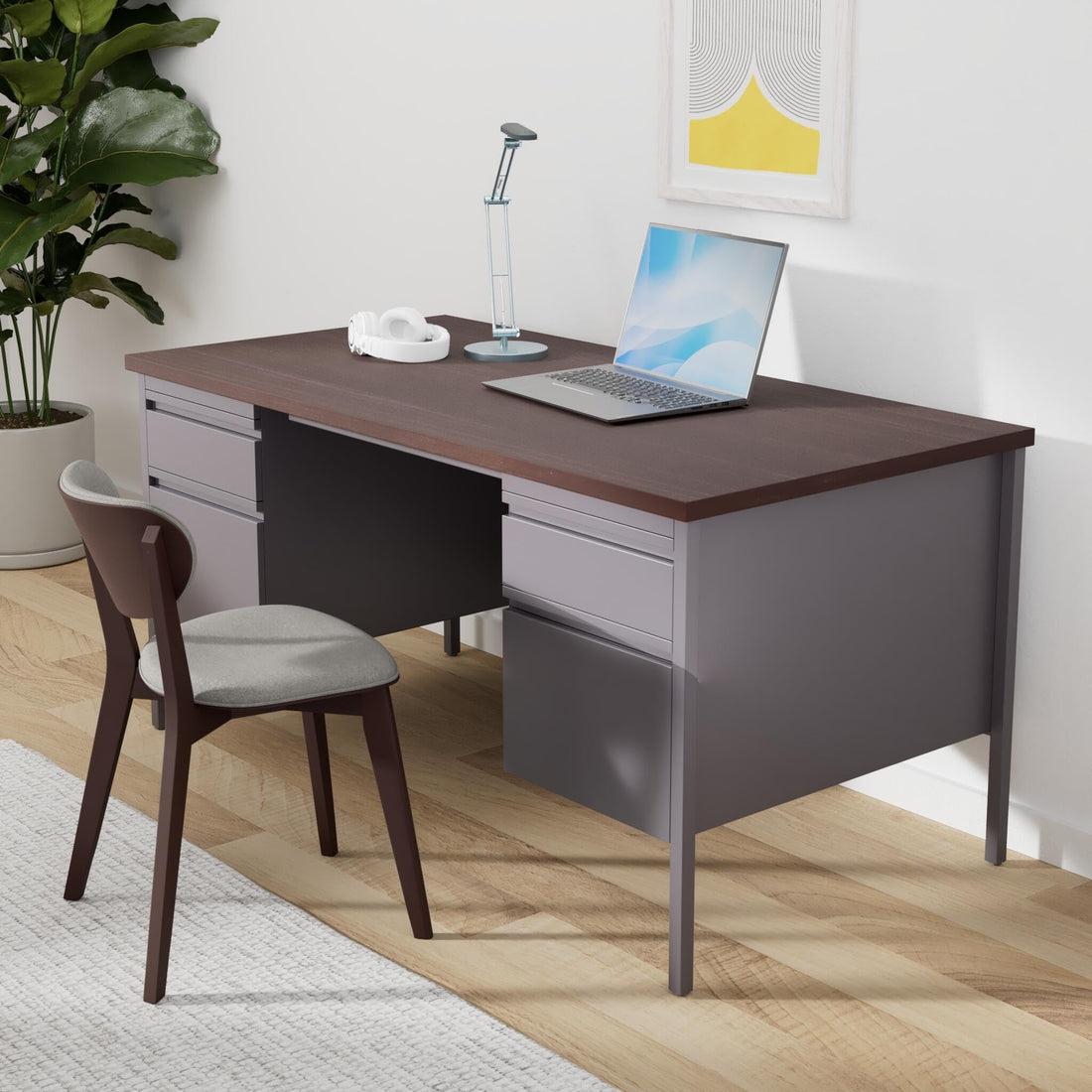 Lorell Fortress 60" Double Pedestal Desk, Walnut/Black