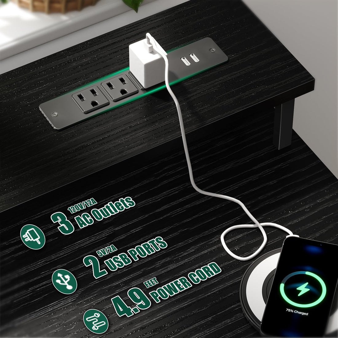 47" Gaming Desk with LED & Power Outlets, Black