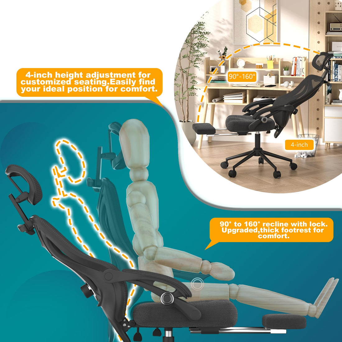 Ergonomic Office Chair with Footrest, Black & White
