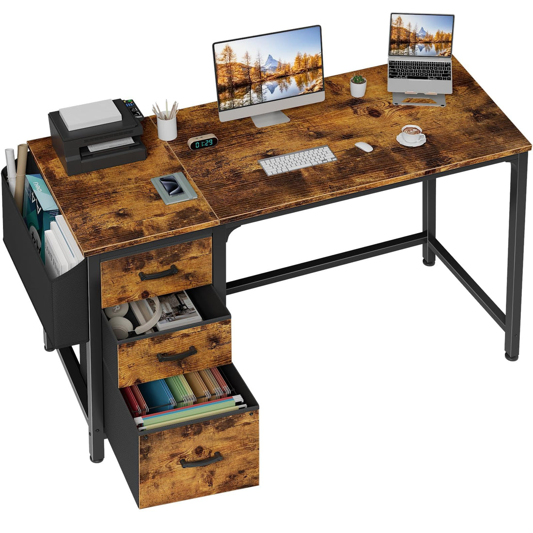 Lufeiya 47" Desk with Fabric Drawers, Rustic Brown