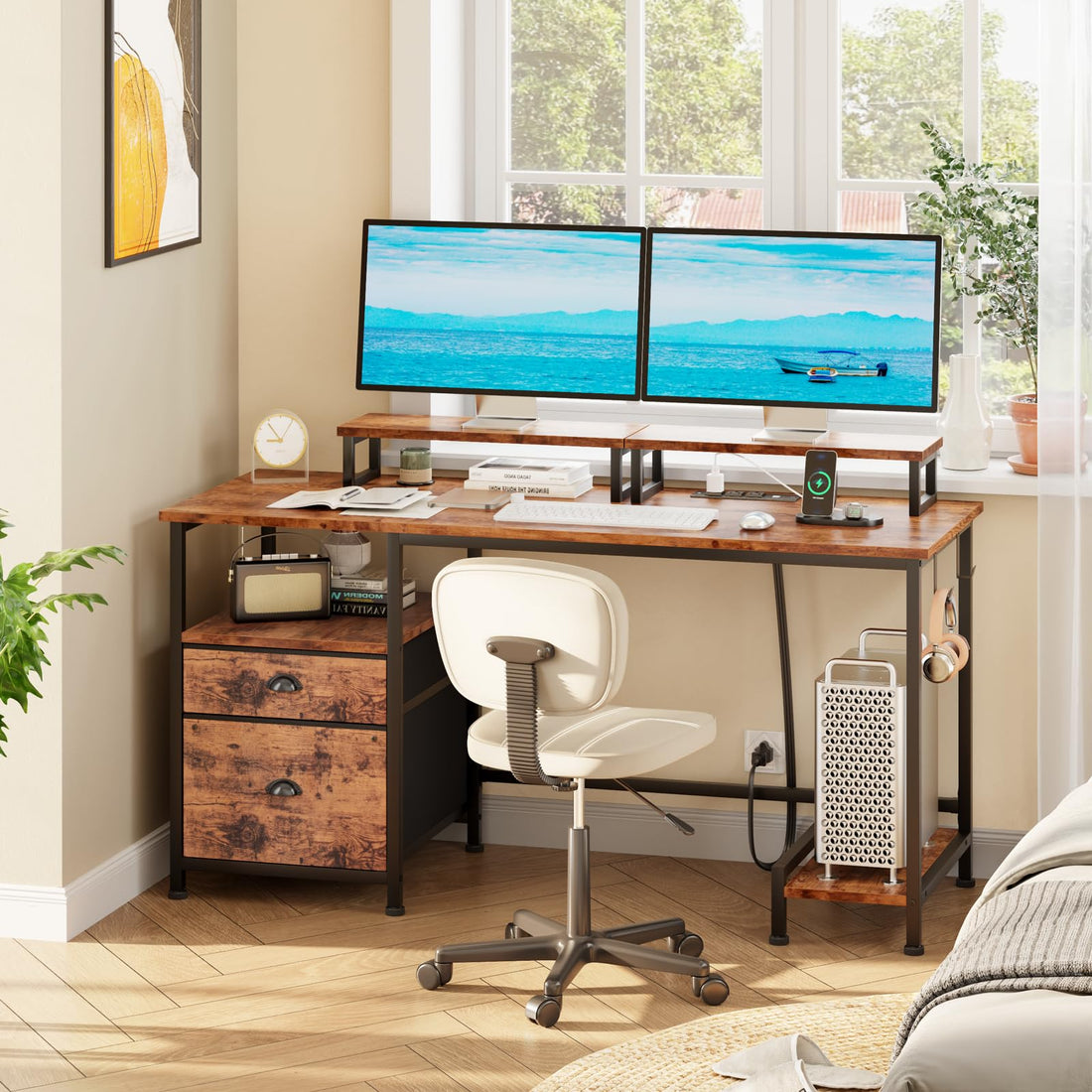 Furologee 47" Desk with Storage, Rustic Brown