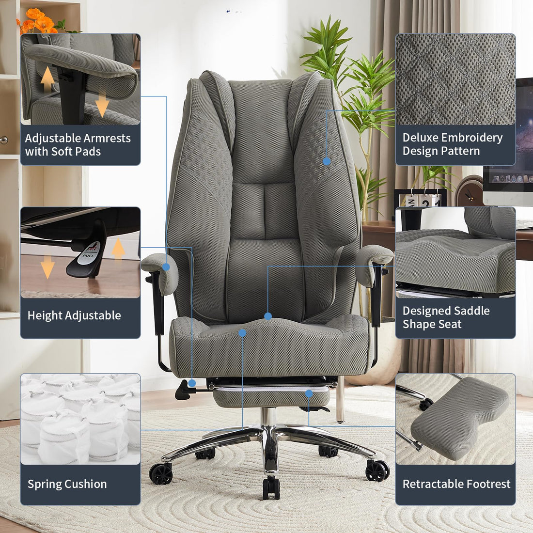 Big & Tall PU Leather Office Chair with Footrest, Brown