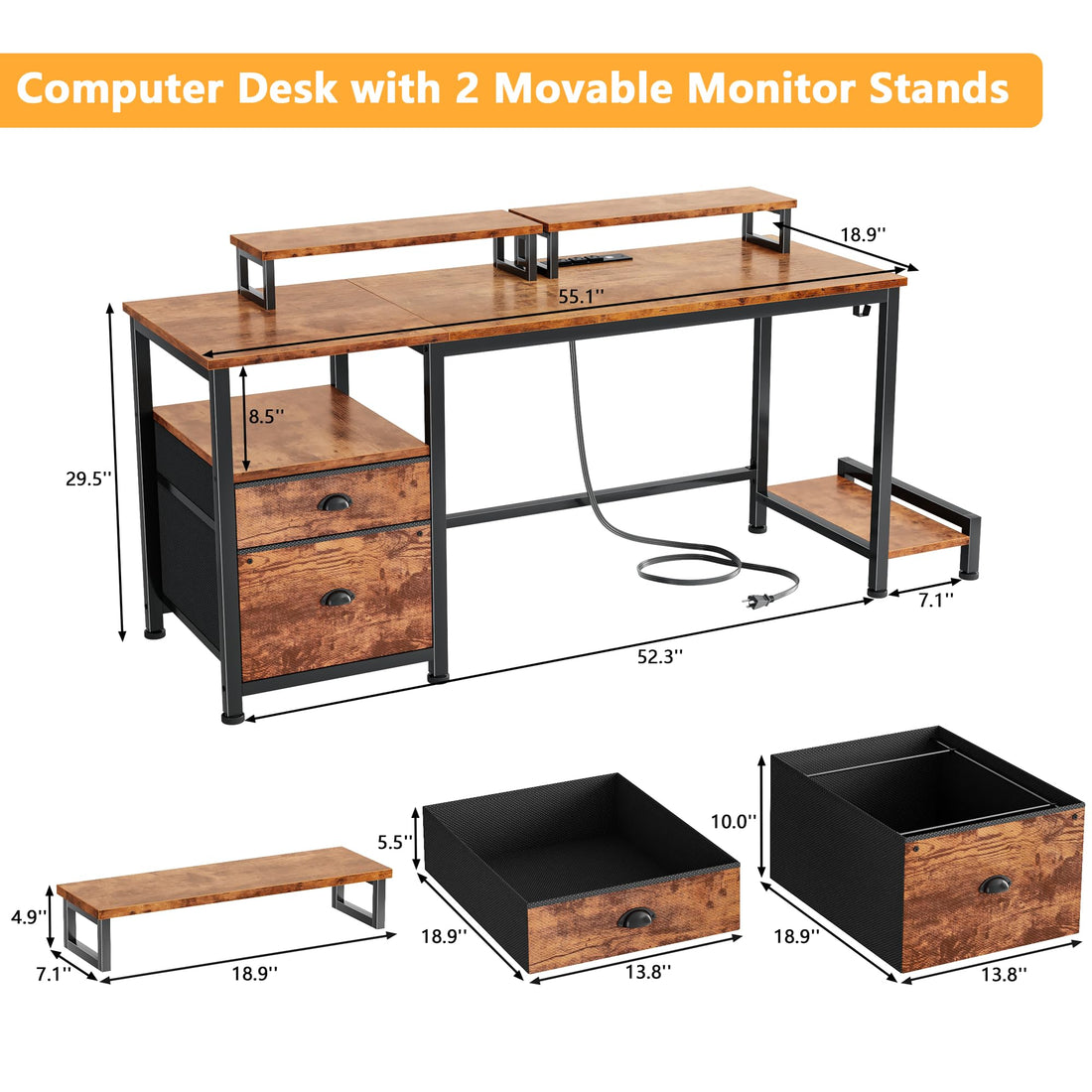 Furologee 47" Desk with Storage, Rustic Brown