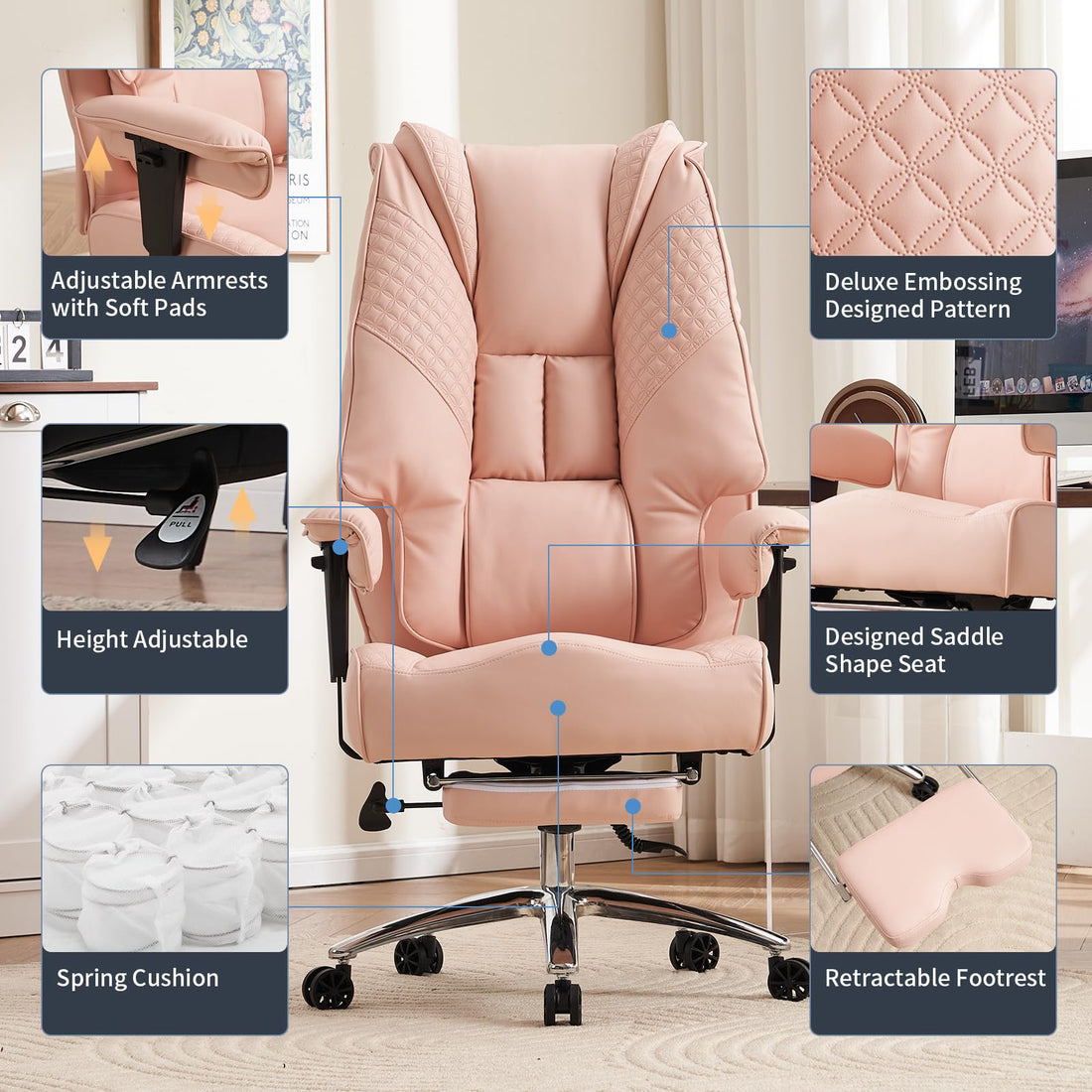 Big & Tall PU Leather Office Chair with Footrest, Brown