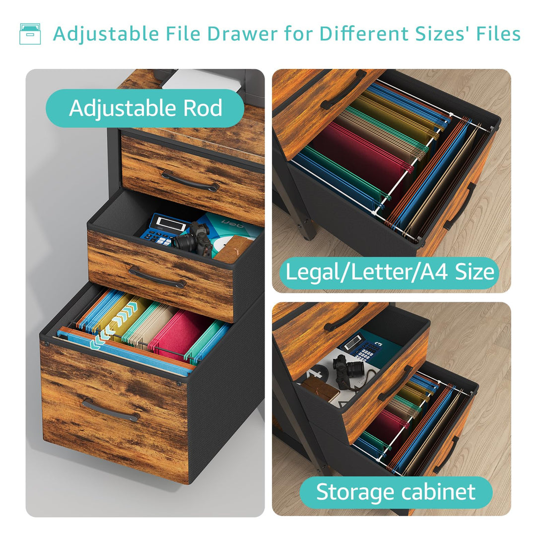 Lufeiya 47" Desk with Fabric Drawers, Rustic Brown