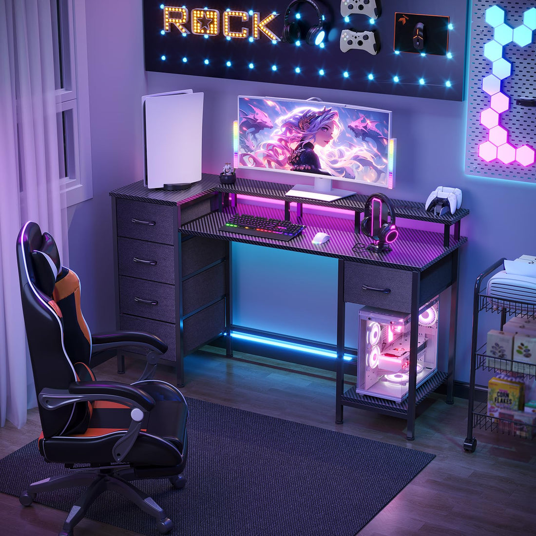 47" Gaming Desk with LED & Power Outlets, Black