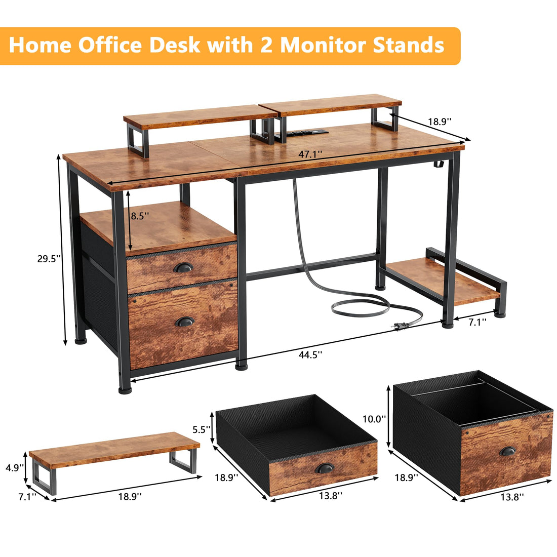 Furologee 47" Desk with Storage, Rustic Brown