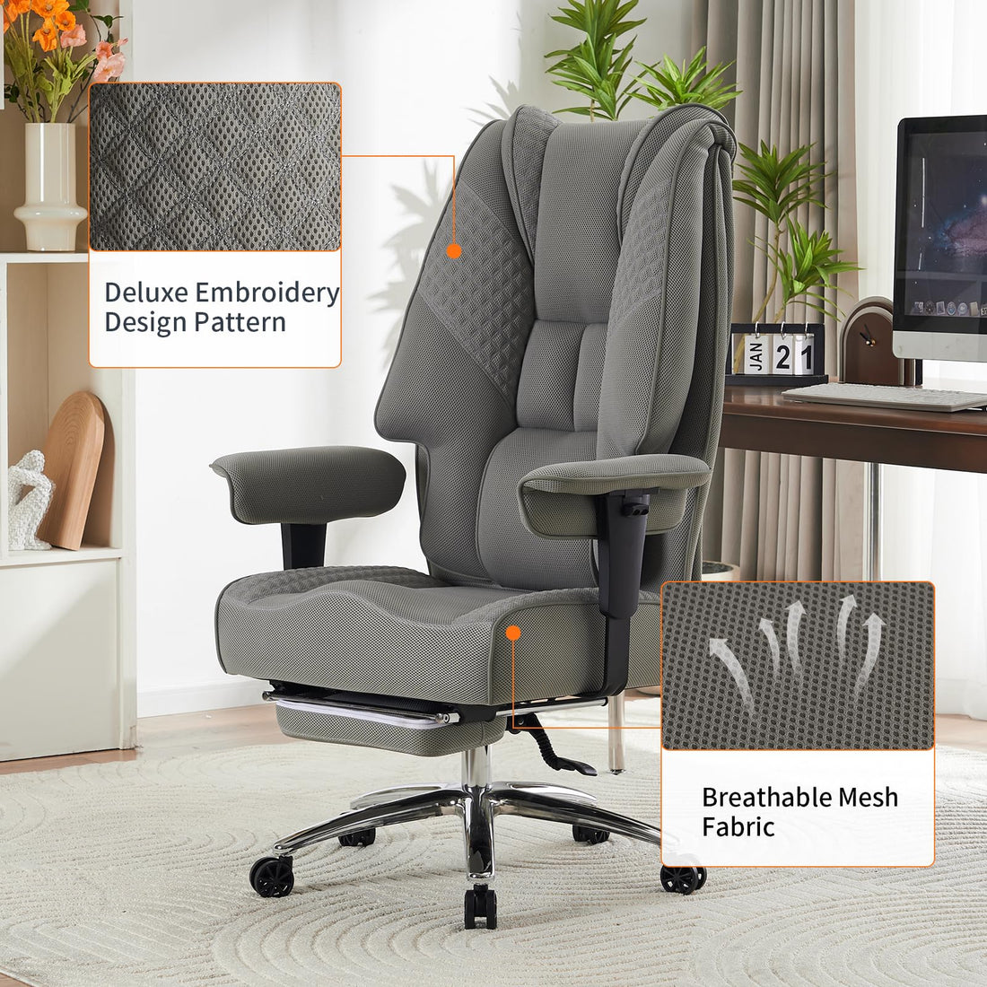Big & Tall PU Leather Office Chair with Footrest, Brown
