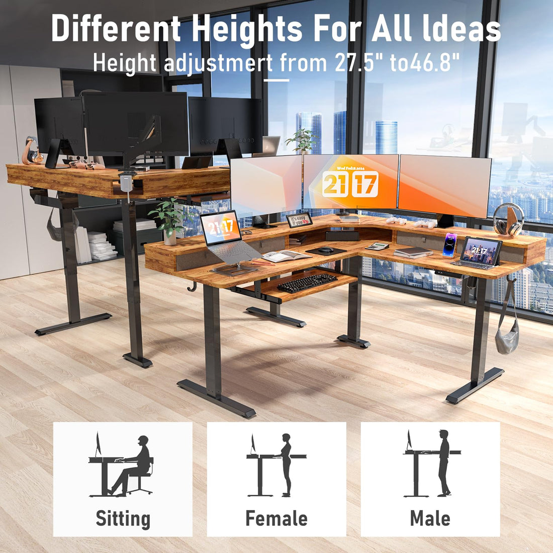 63"x55" L-Shaped Electric Height Adjustable Desk