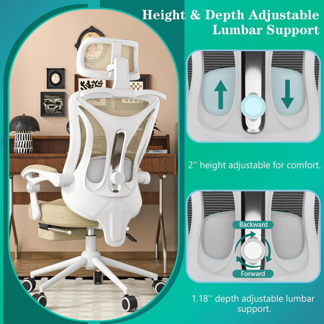 Ergonomic Office Chair with Footrest, Black & White