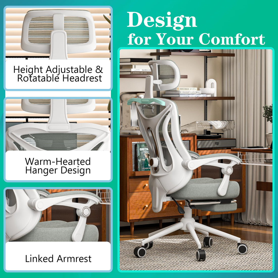 Ergonomic Office Chair with Footrest, Black & White