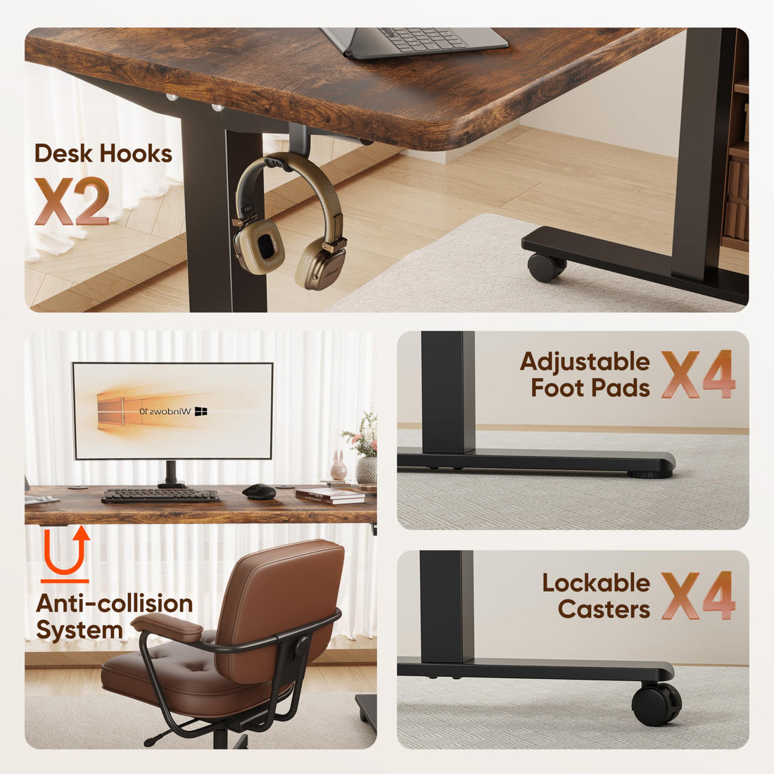 Monomi 63"x28" Electric Standing Desk, Rustic Brown/Black