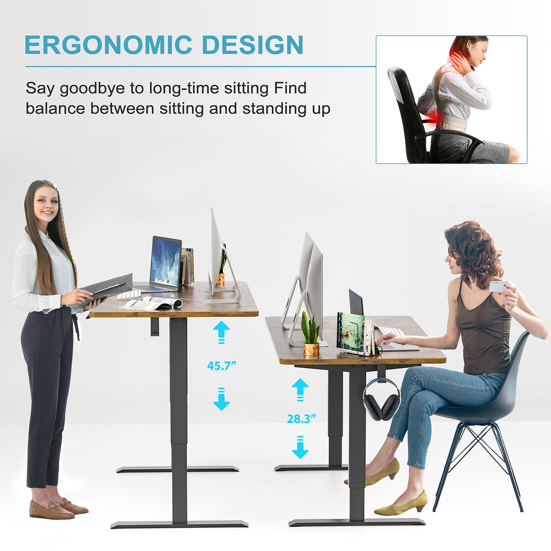 Monomi 63"x28" Electric Standing Desk, Rustic Brown/Black