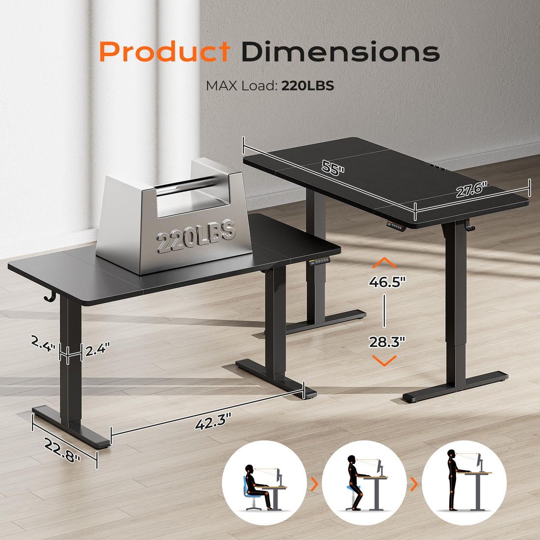 Huuger 55"x28" Large Electric Standing Desk, Black