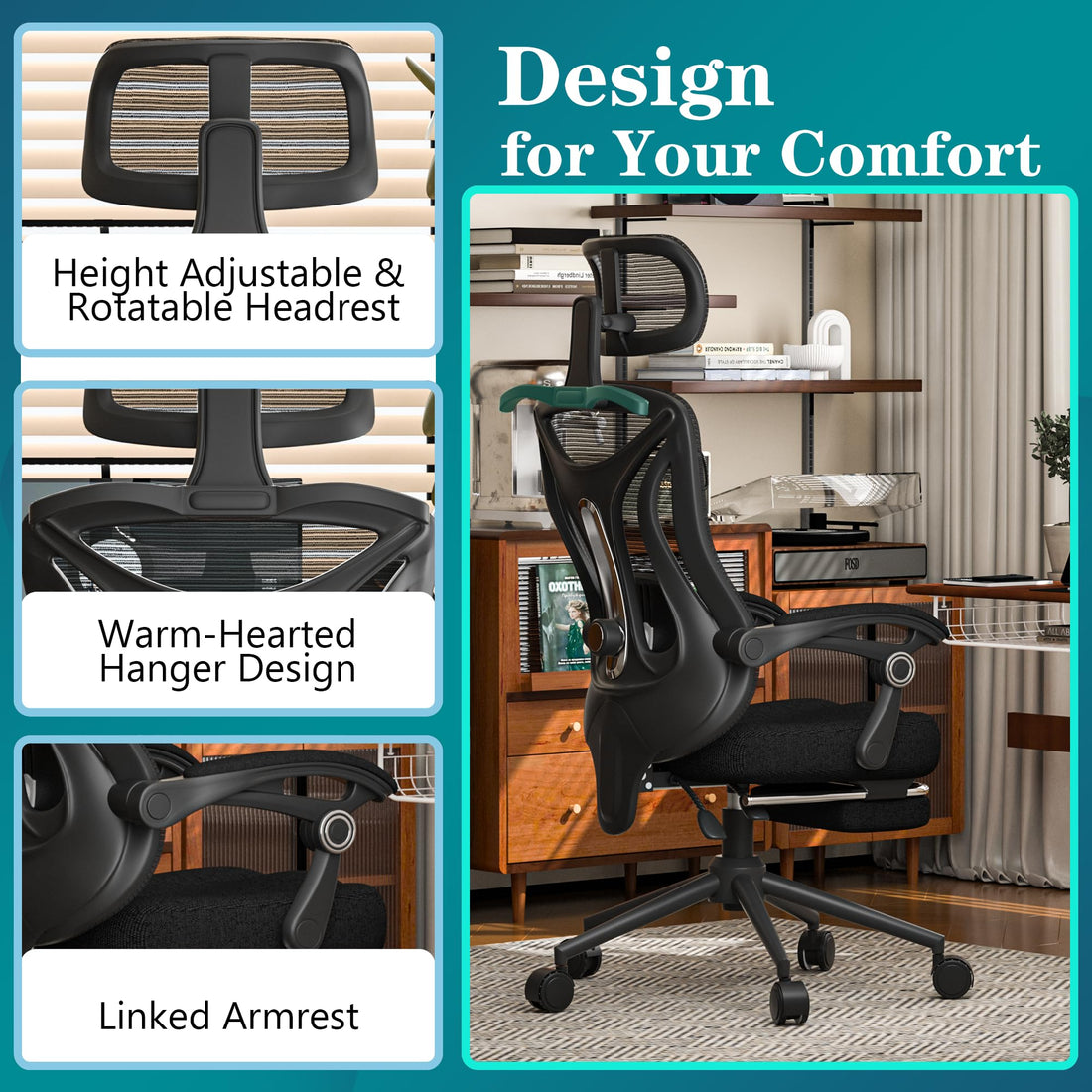 Ergonomic Office Chair with Footrest, Black & White